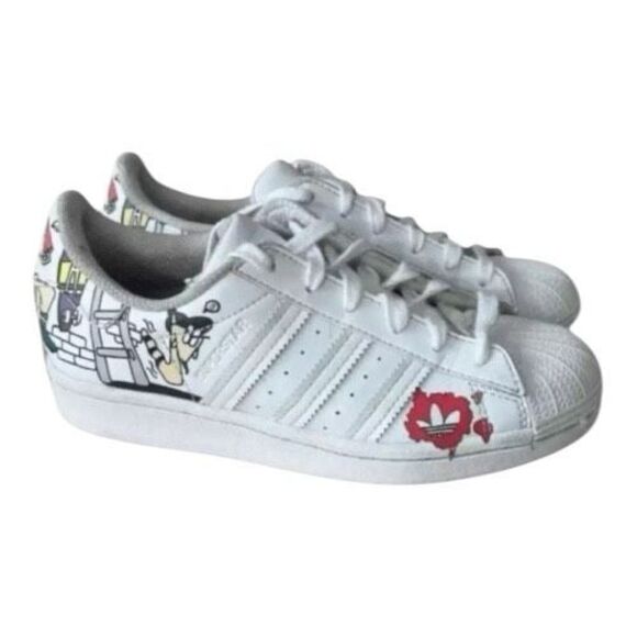 Adidas Superstar WHITE COMIC Kids Boy Sneakers Size 3.5 Shell Toe White Graffiti - Picture 11 of 11